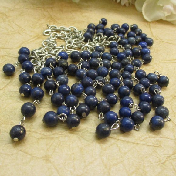 Etruscan Style Midnight Blue Silver Fringe Necklace Earrings Set Vintage - Picture 11 of 13